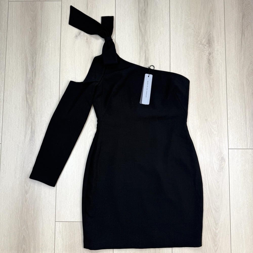 Black Halo One Shoulder Asymmetrical Dress Women's 8 Black Bow Tie Long Sleeve N